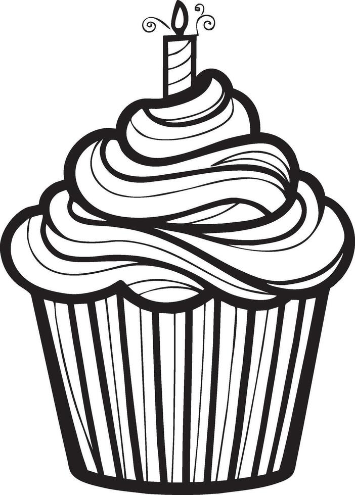 A black and white drawing of a cupcake with a candle vector