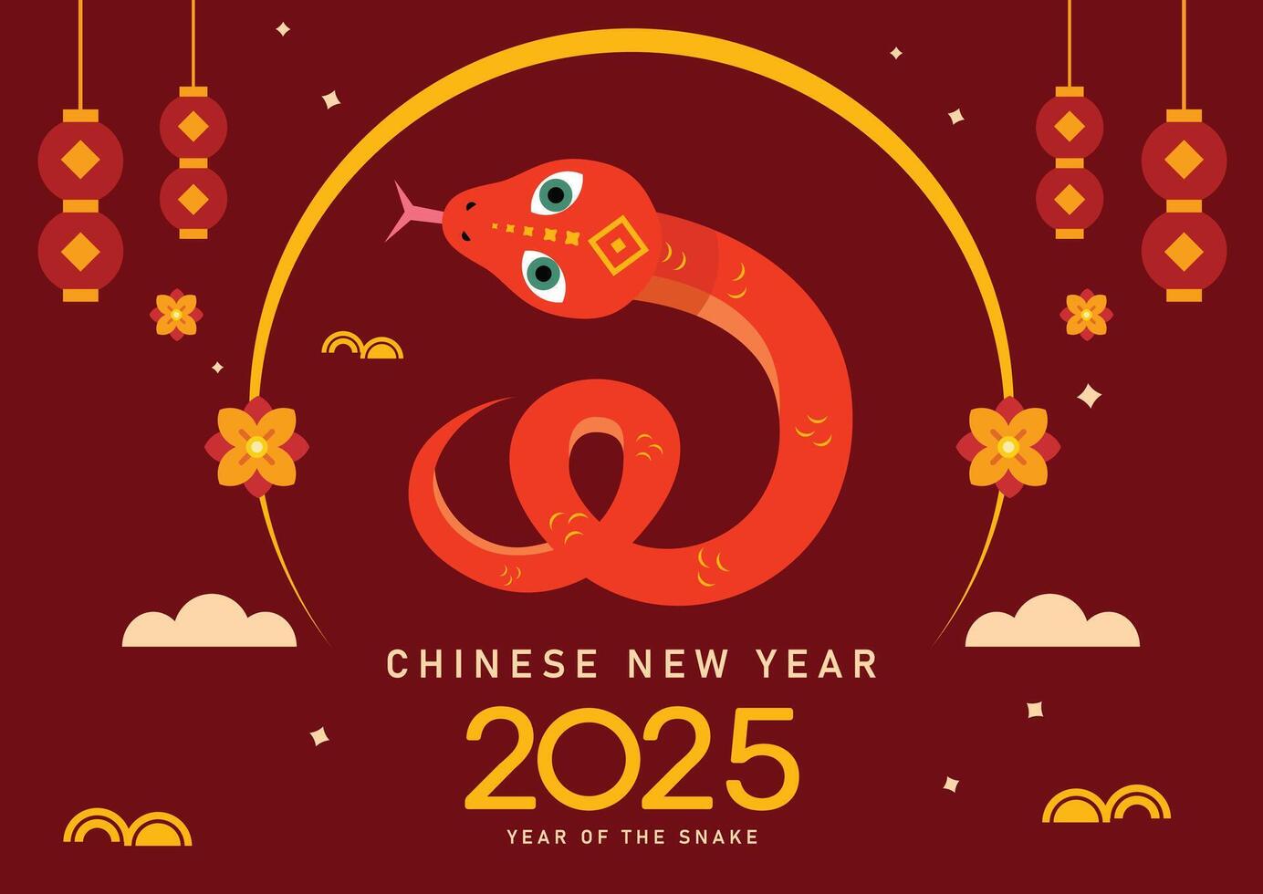 2025 Chinese New Year Banner. Year of the Snake Card Template Design with Red Snake and Traditional Oriental Background. Asian Holidays Lunar New Year Decorations. vector