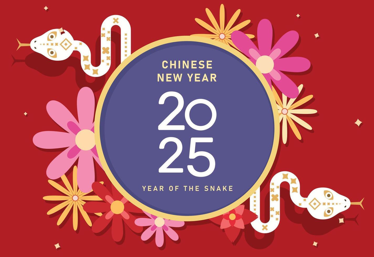 2025 Chinese new year, year of the snake template design with white snakes and beautiful flowers background. vector