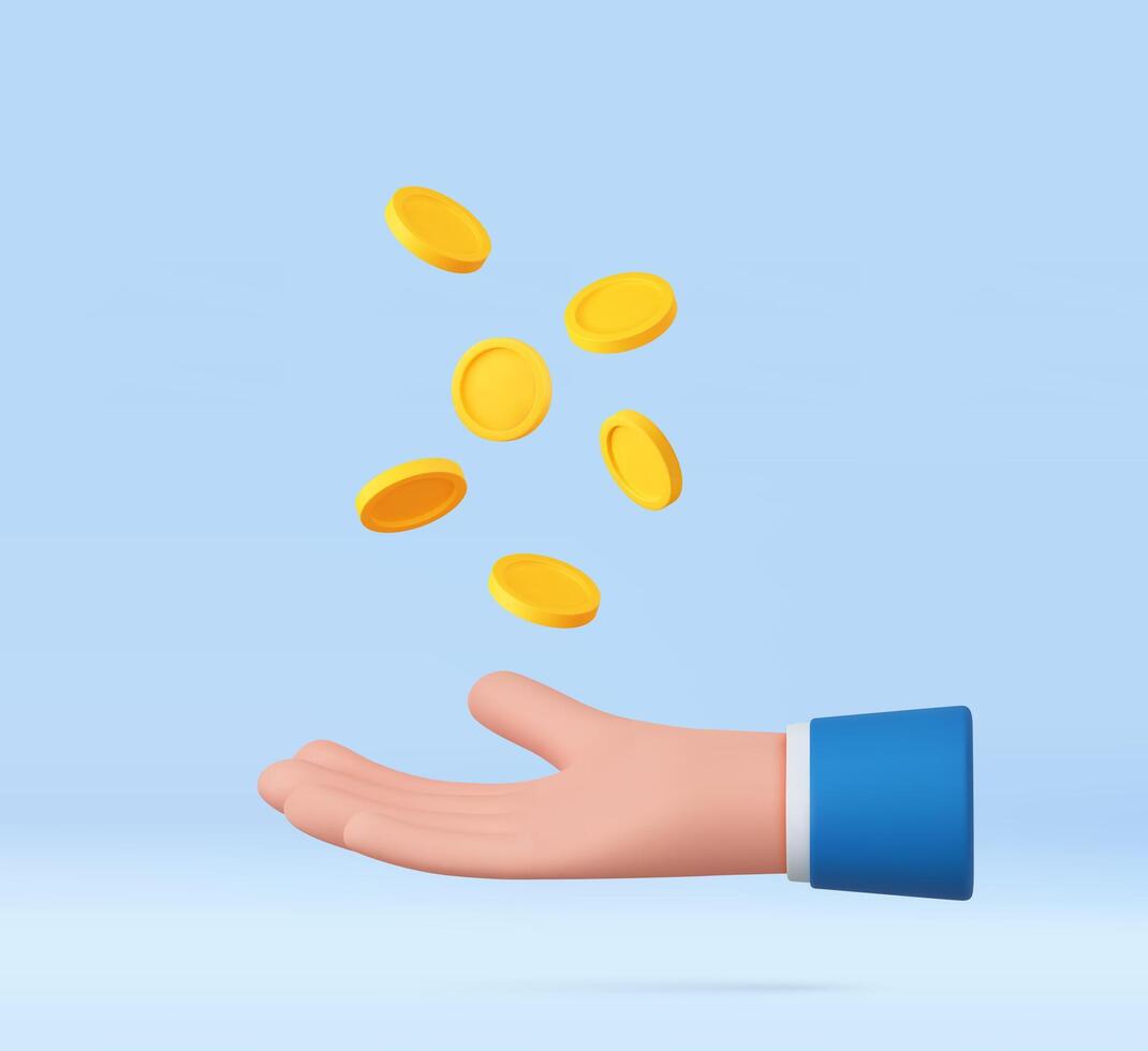 3d hand with coins flying. vector