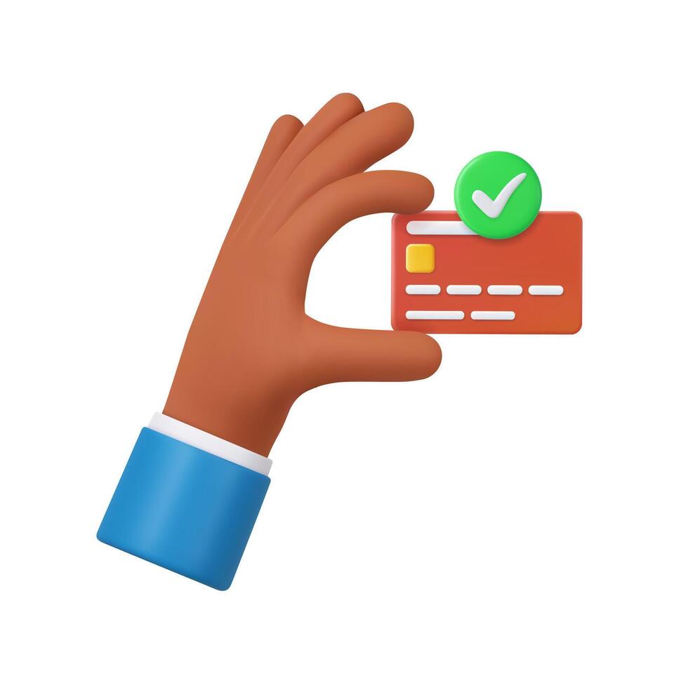 3D hand holds debit or credit card. . vector