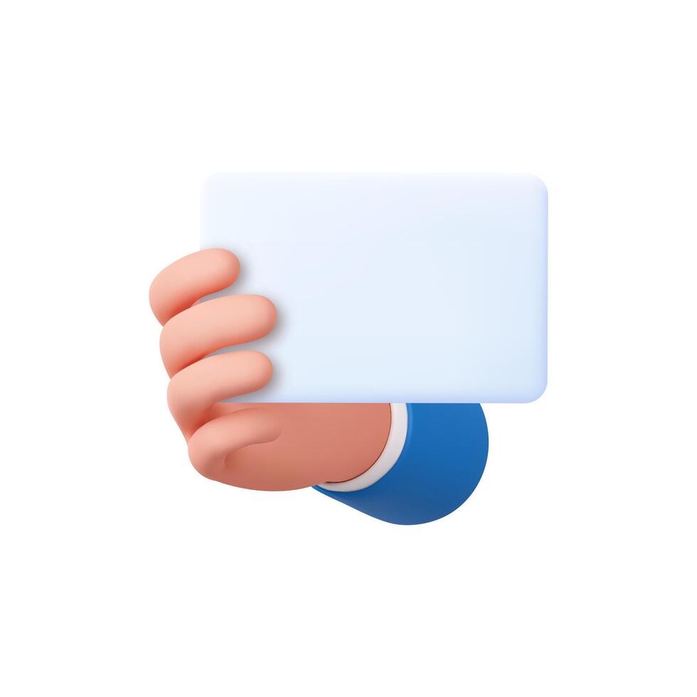 3d hand holds out blank paper label or tag vector