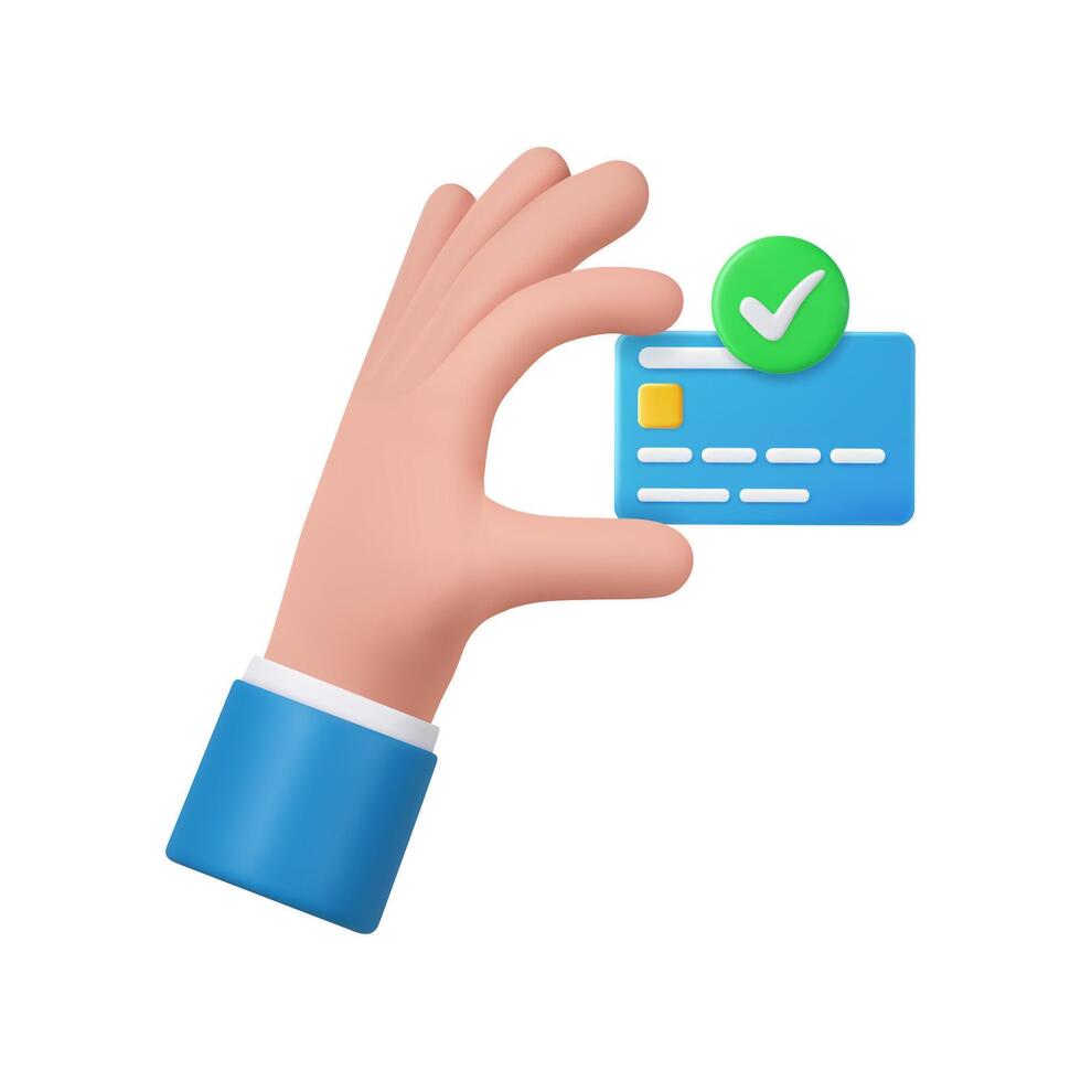 3D hand holds debit or credit card. . vector
