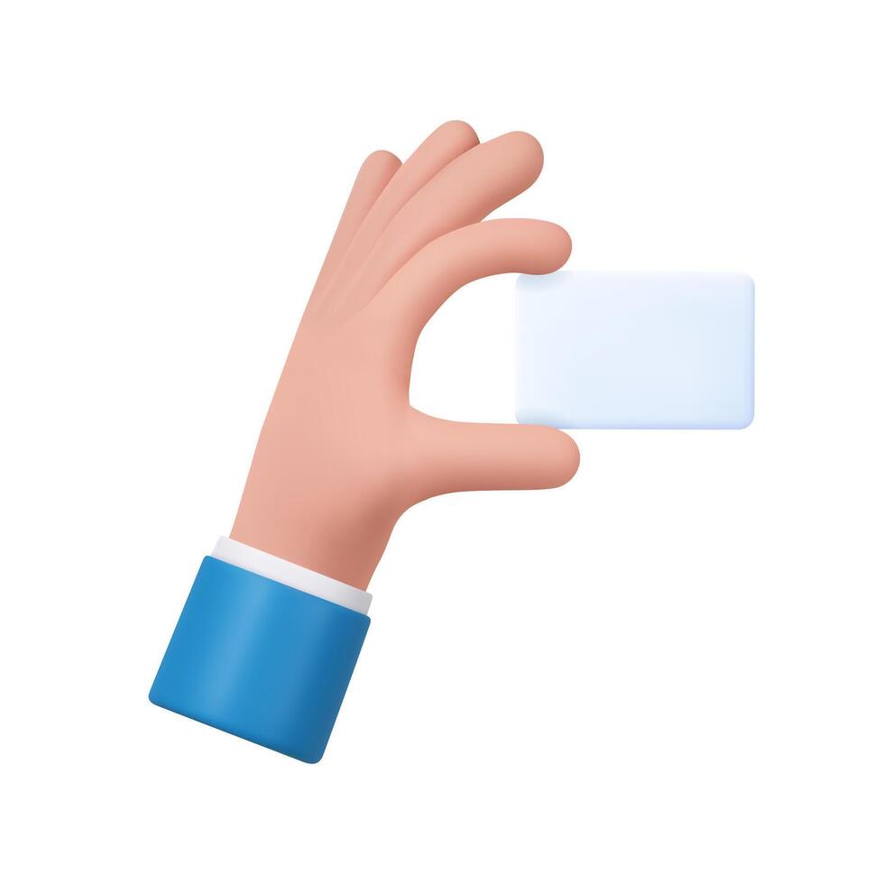 3d hand holds out blank paper label or tag vector