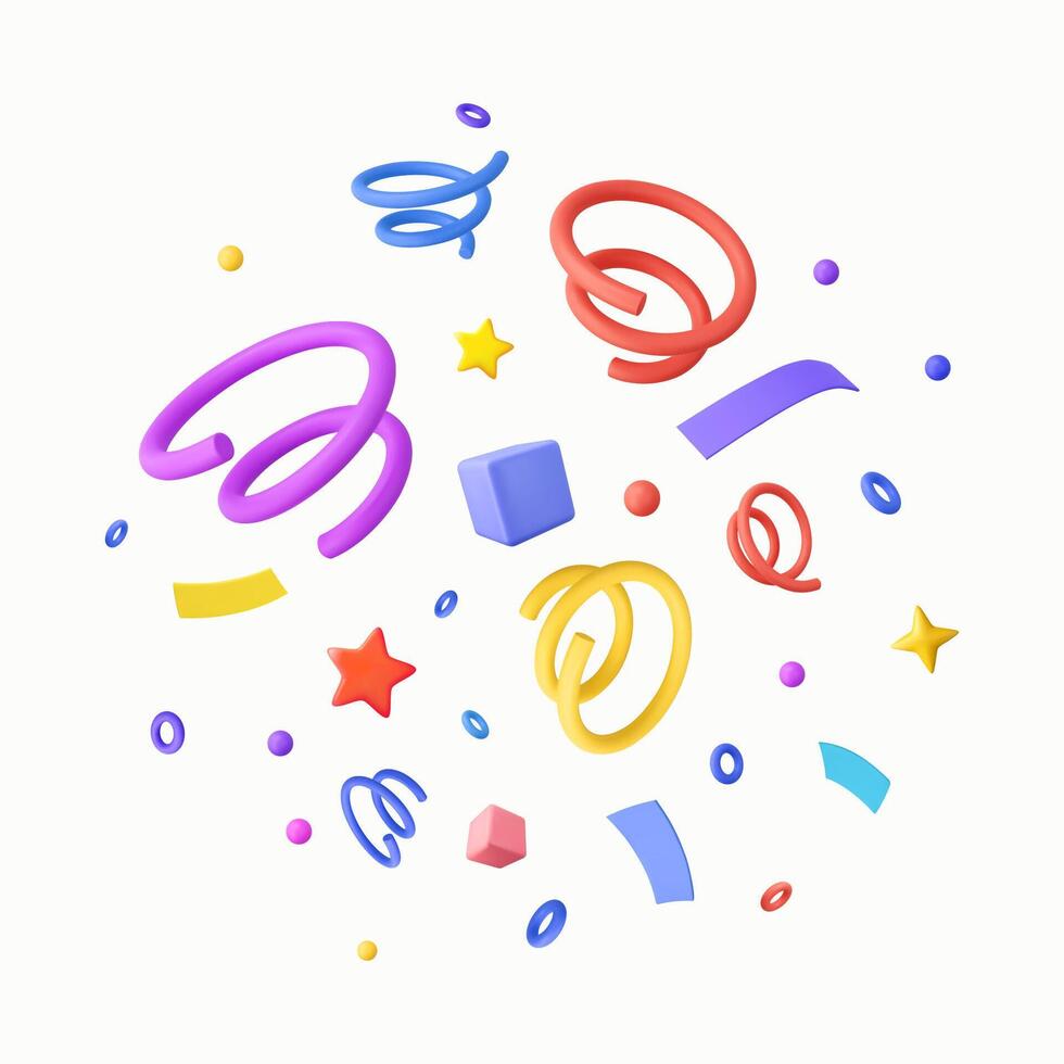 3D Party confetti with star and serpentine ribbon. vector
