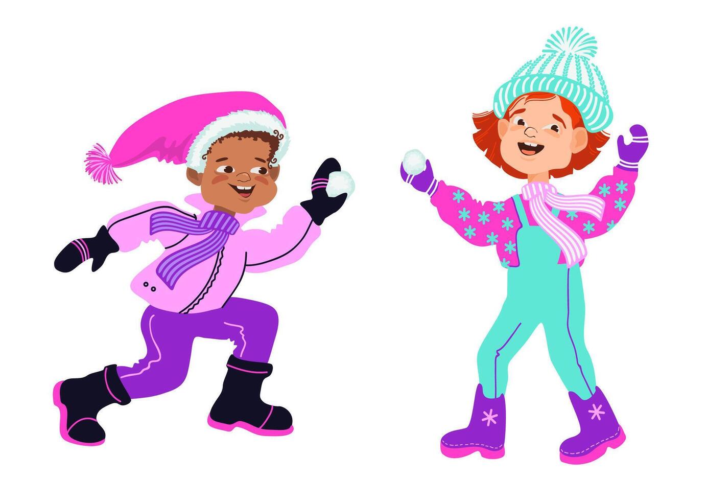 Happy children playing snowballs. Winter outdoor activity. Flat illustration. vector