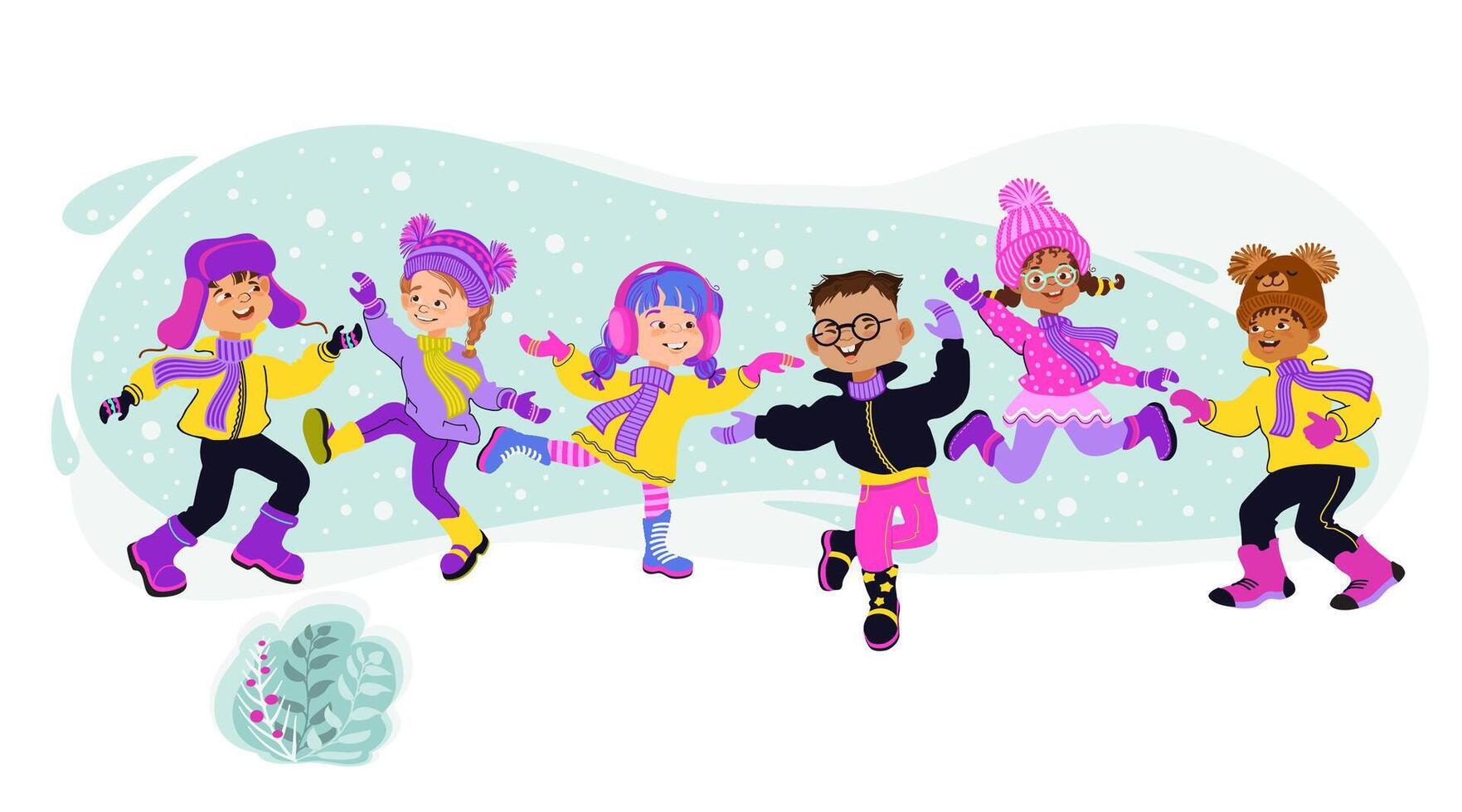 Boys and girls jumping in bright winter clothes. Flat illustration. vector