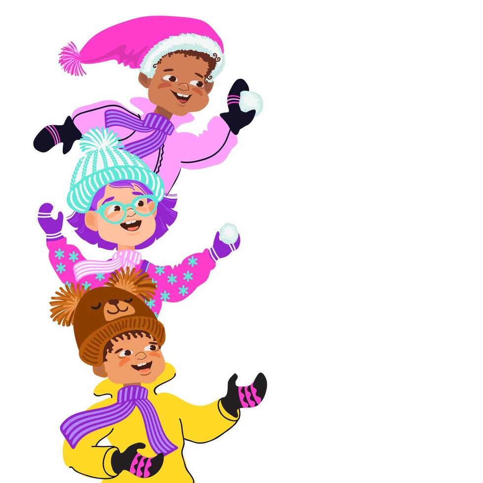 Happy kids in bright winter clothes. Colorful illustration. vector