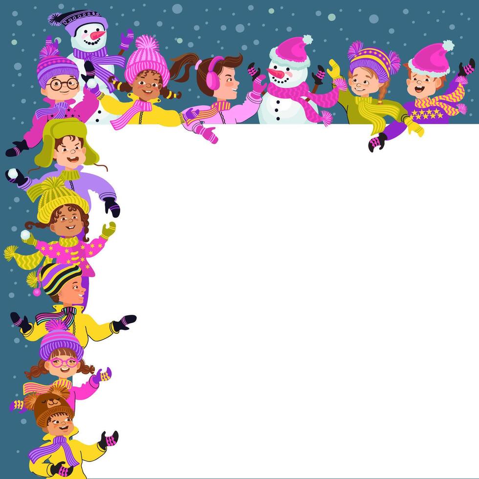 Happy children in bright winter clothes and a snowman. Greeting card or poster template. Cheerful cartoon kids and a place for your text. Flat illustration. vector