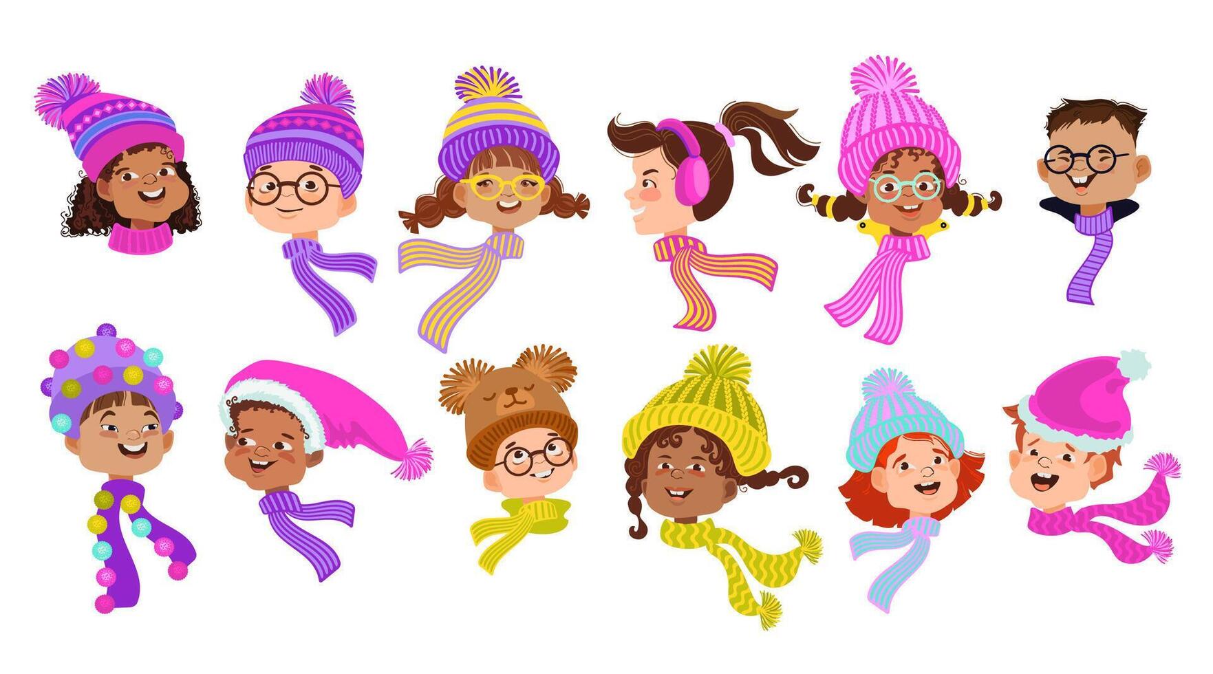 Happy cartoon children. Set of winter portrait avatars. Flat illustration. vector