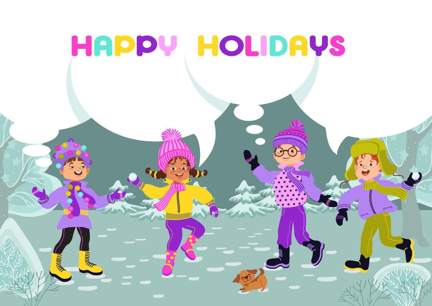 Happy holidays. Cute kids have fun. Flat illustration. vector