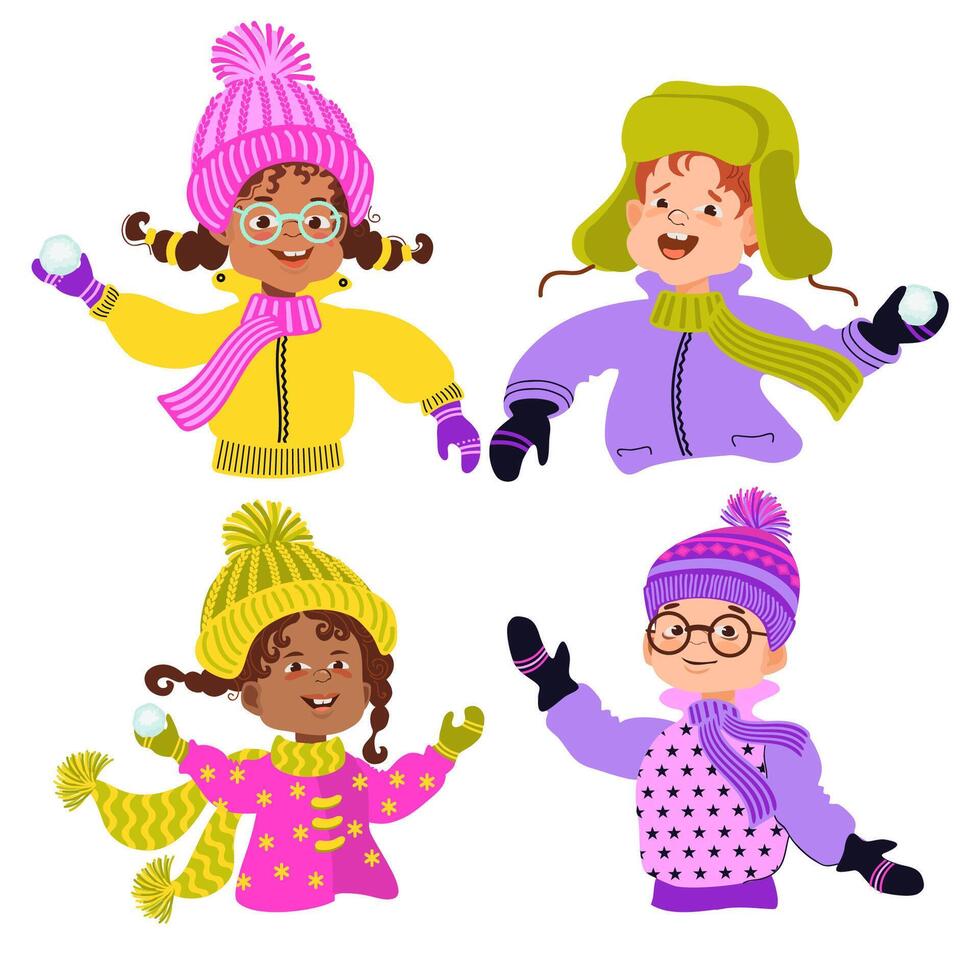 Set of happy children in bright winter clothes. Flat illustration. vector