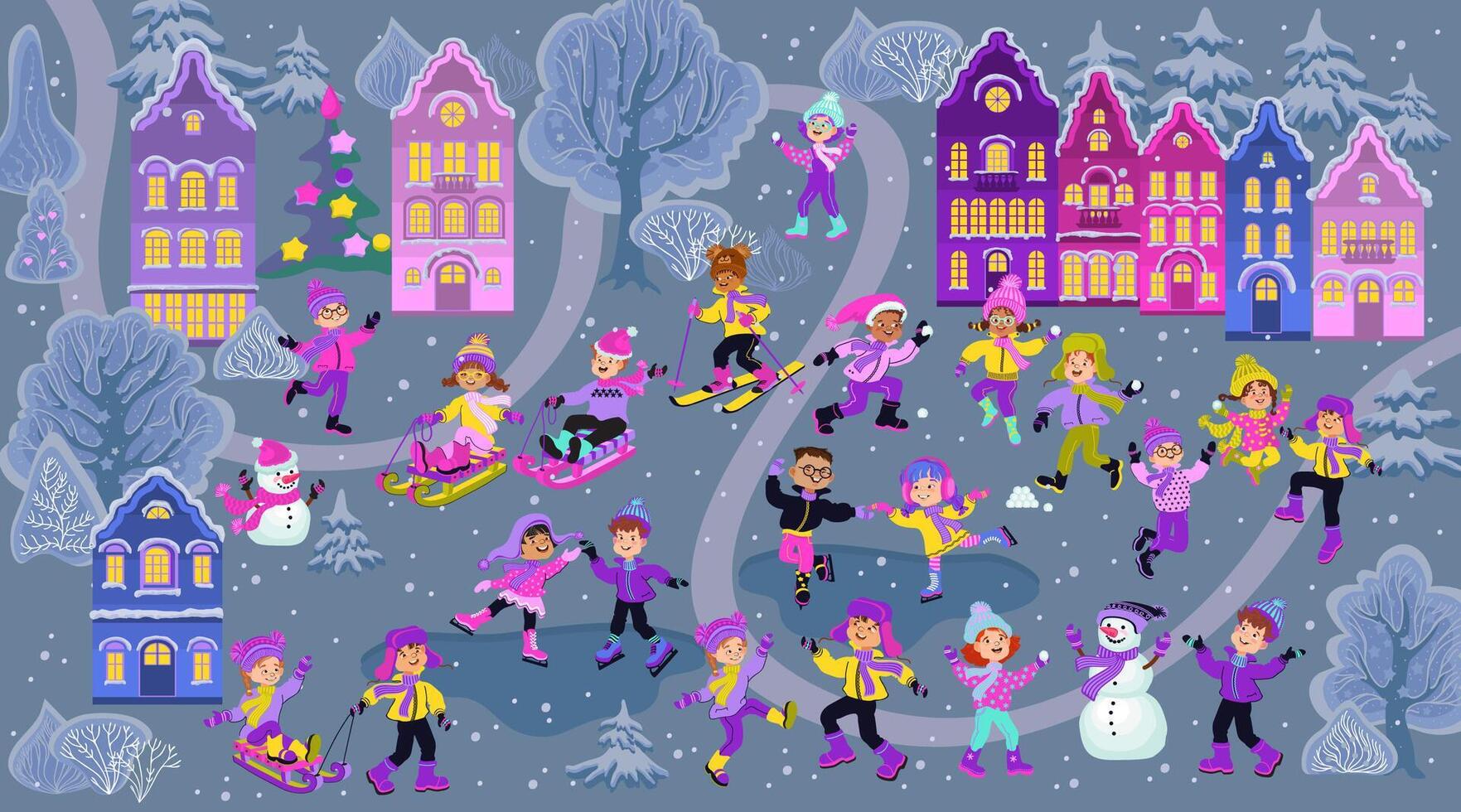 Happy children playing in the park. Winter town. Cartoon map. Kids go sledding, skating, and skiing, playing snowball. Snowy houses. Flat illustration. vector