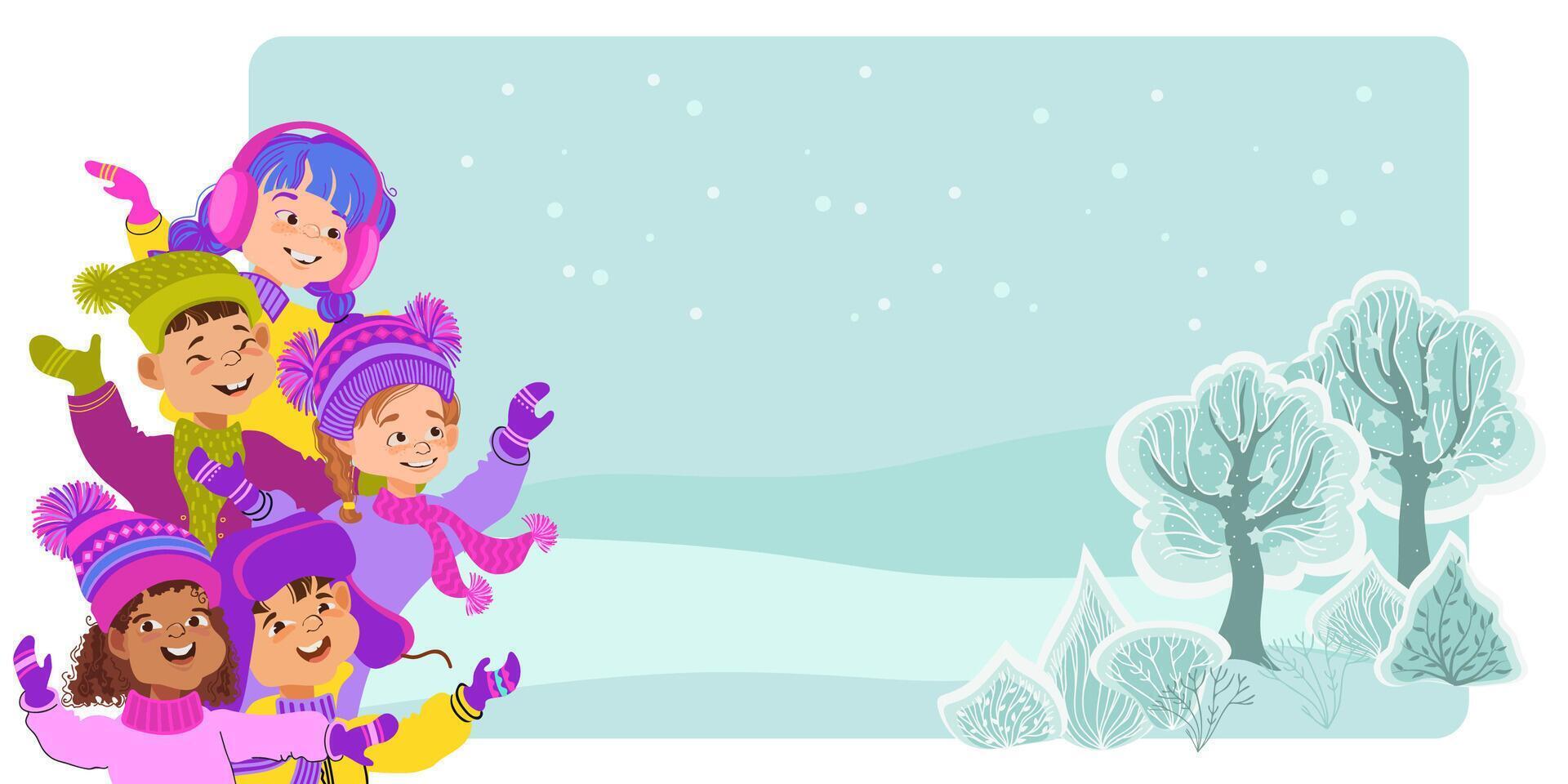 Group of happy kids in bright winter clothes. Children laugh and wave their hands. Cute cartoon children against the background of a winter snowy landscape. Flat illustration. vector
