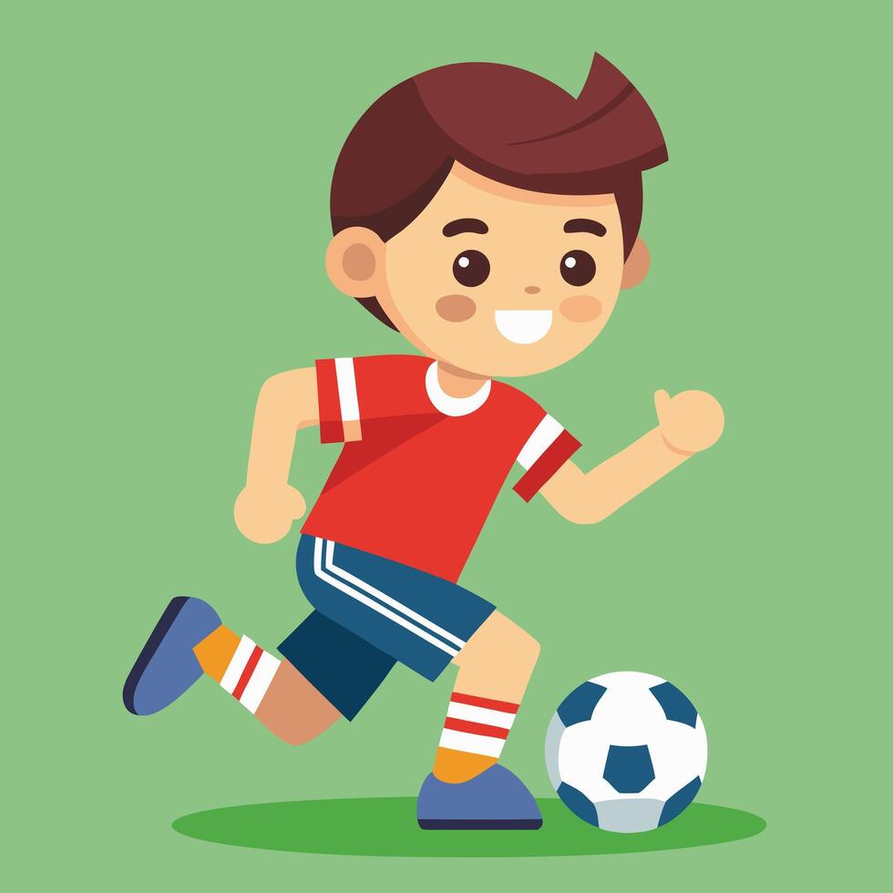 A boy playing soccer on a green background vector