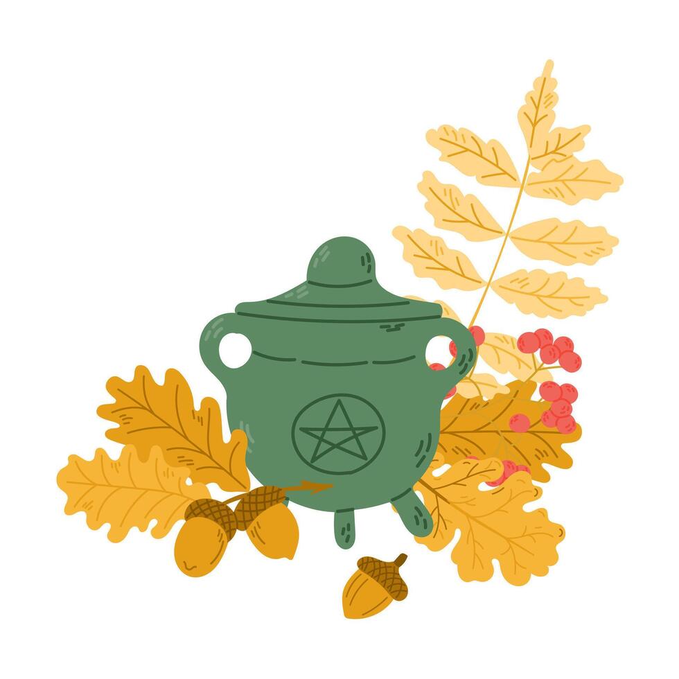 Halloween cozy illustration with hand drawn botanical elements. Witchs cauldron with autumn leaves and berries. Cute design for Halloween isolated on white background vector