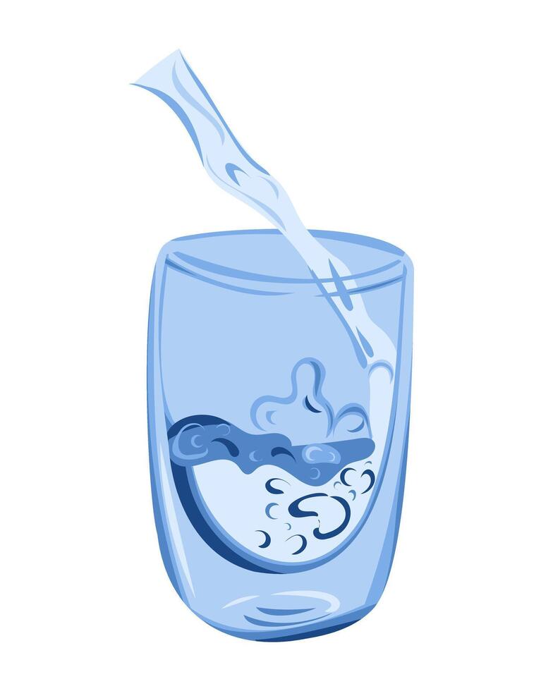 Water pouring in glass with waves and splashes in flat hand drawn style. Splashes of water or paint. Illustration isolated on white background vector
