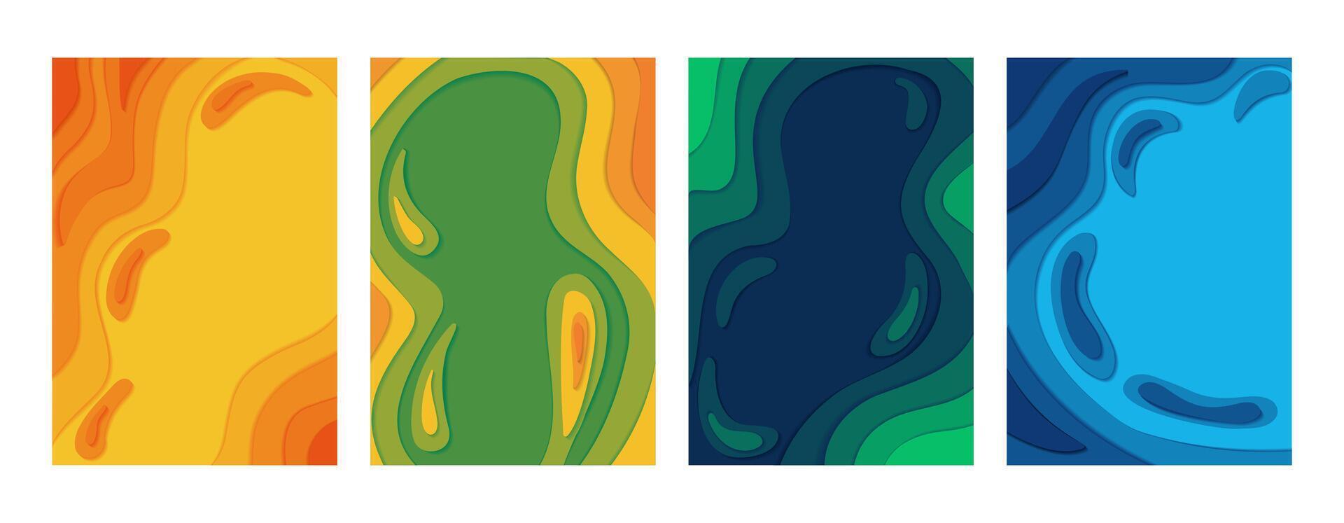 Set of Topographic abstract chromatic backgrounds with curve lines in paper cut technique. Vertical banners with copy space. Colorful carving art for maps. vector