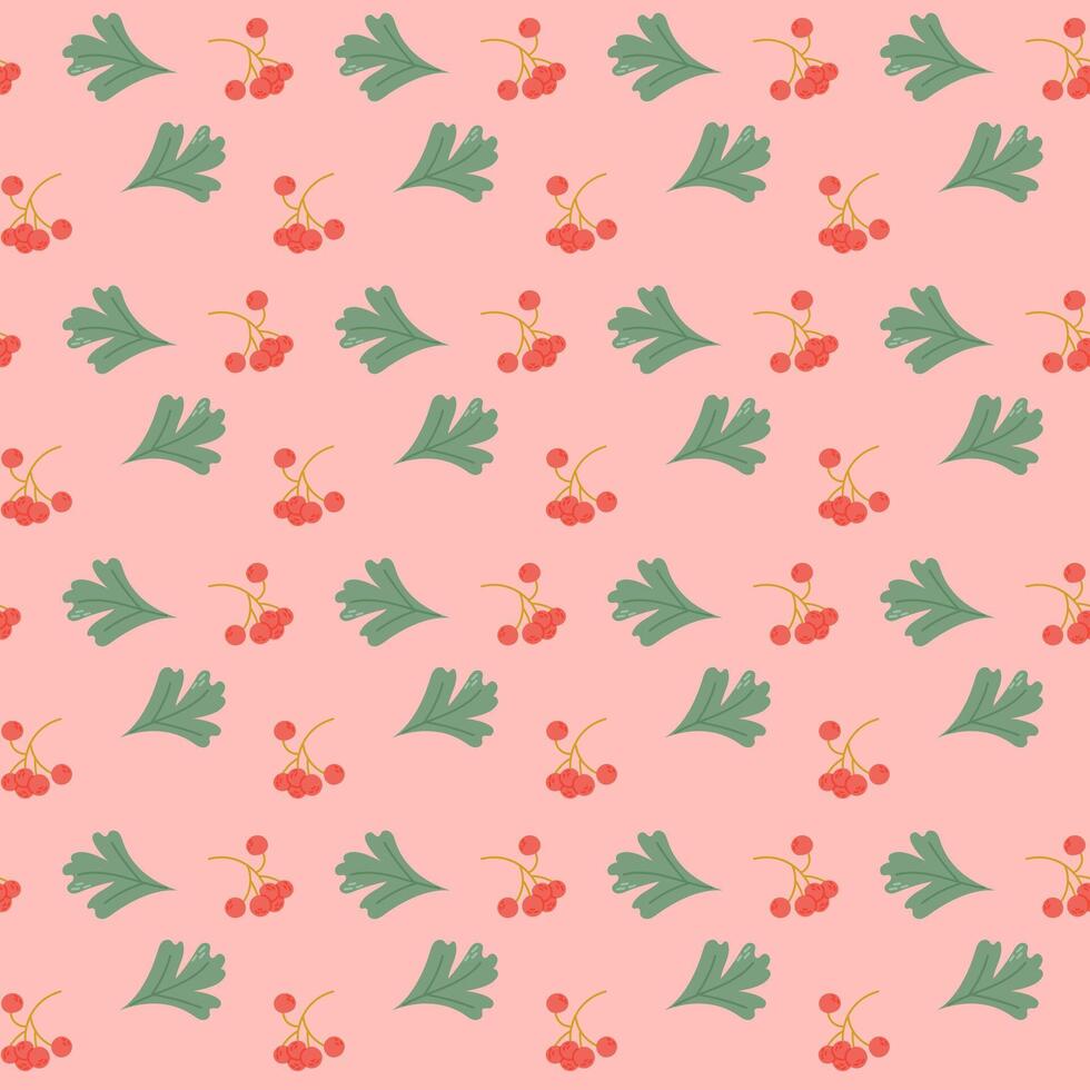 Autumn seamless pattern with botanical elements. Red berries and green leaves on pink background. Cute print design for kids textile vector