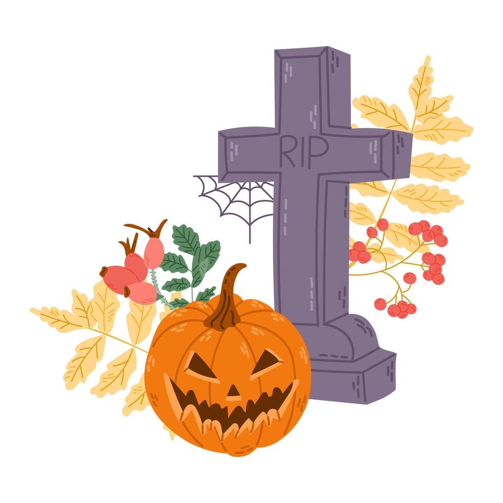 Halloween botanical and spooky clipart with hand drawn related elements. Jack o lantern, tomb, spider web, autumn leaves and berries. Cute design for Halloween isolated on white background vector