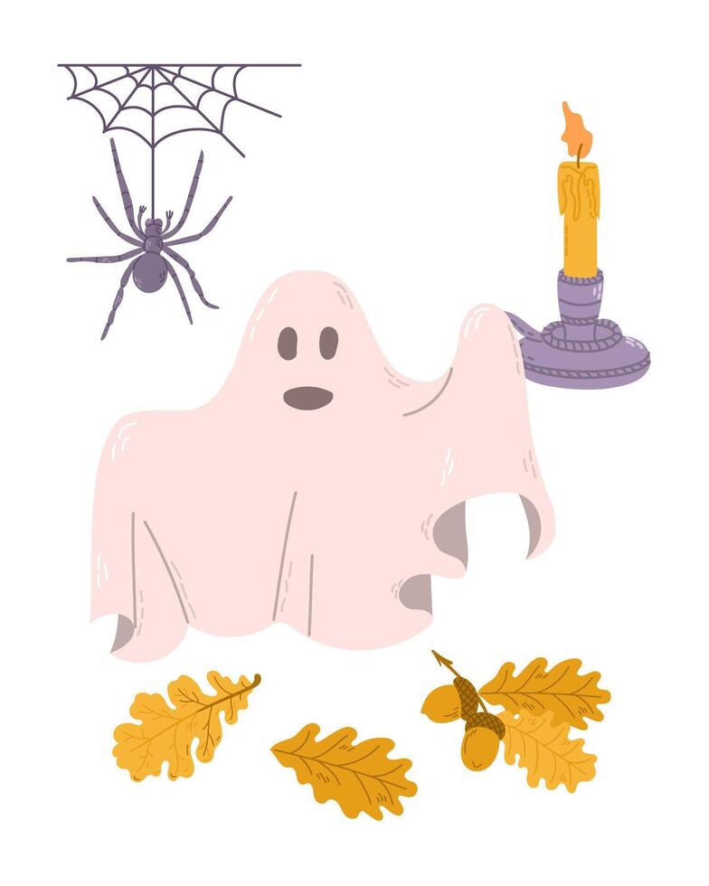 Funny Halloween clipart with hand drawn ghost. Cute ghost with candle holder and autumn leaves. Cute print design for Halloween isolated on white background vector