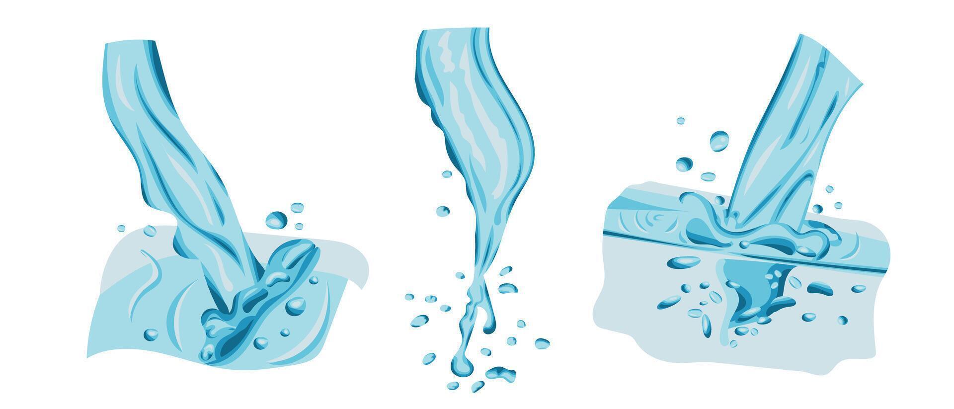 Set of water pouring flow in realistic hand drawn style. Splashes of water or other liquid. Waves and drops movement vector