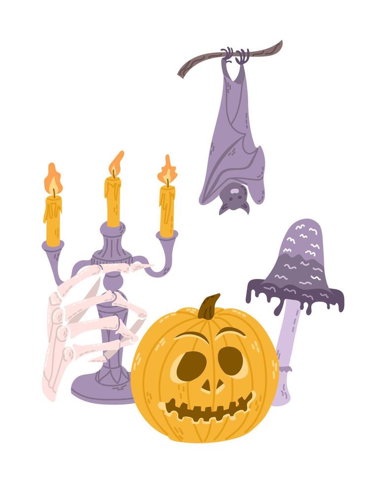 Halloween spooky clipart with hand drawn related elements. Jack o lantern, hand with bones, candles and bat. Cute design for Halloween isolated on white background vector