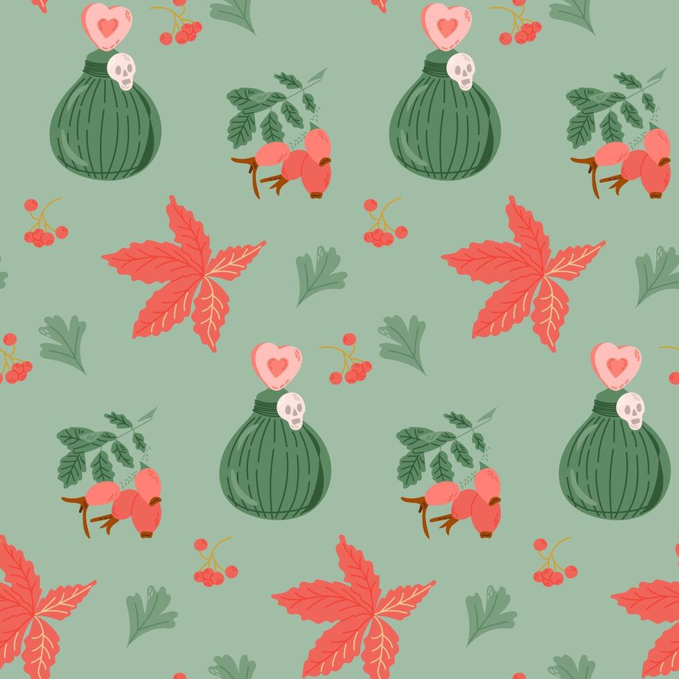 Halloween seamless pattern with potion and red leaves and berries. Love potion, red ivy leaf, rosehip branch. Cute print design for Halloween on green background. Good for kids textile, wrapping vector