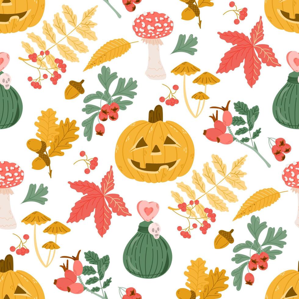 Warm and cozy Halloween seamless pattern with hand drawn related elements. Jack o lantern, poison, autumn leaves and fungus. Cute print design for Halloween on white background vector