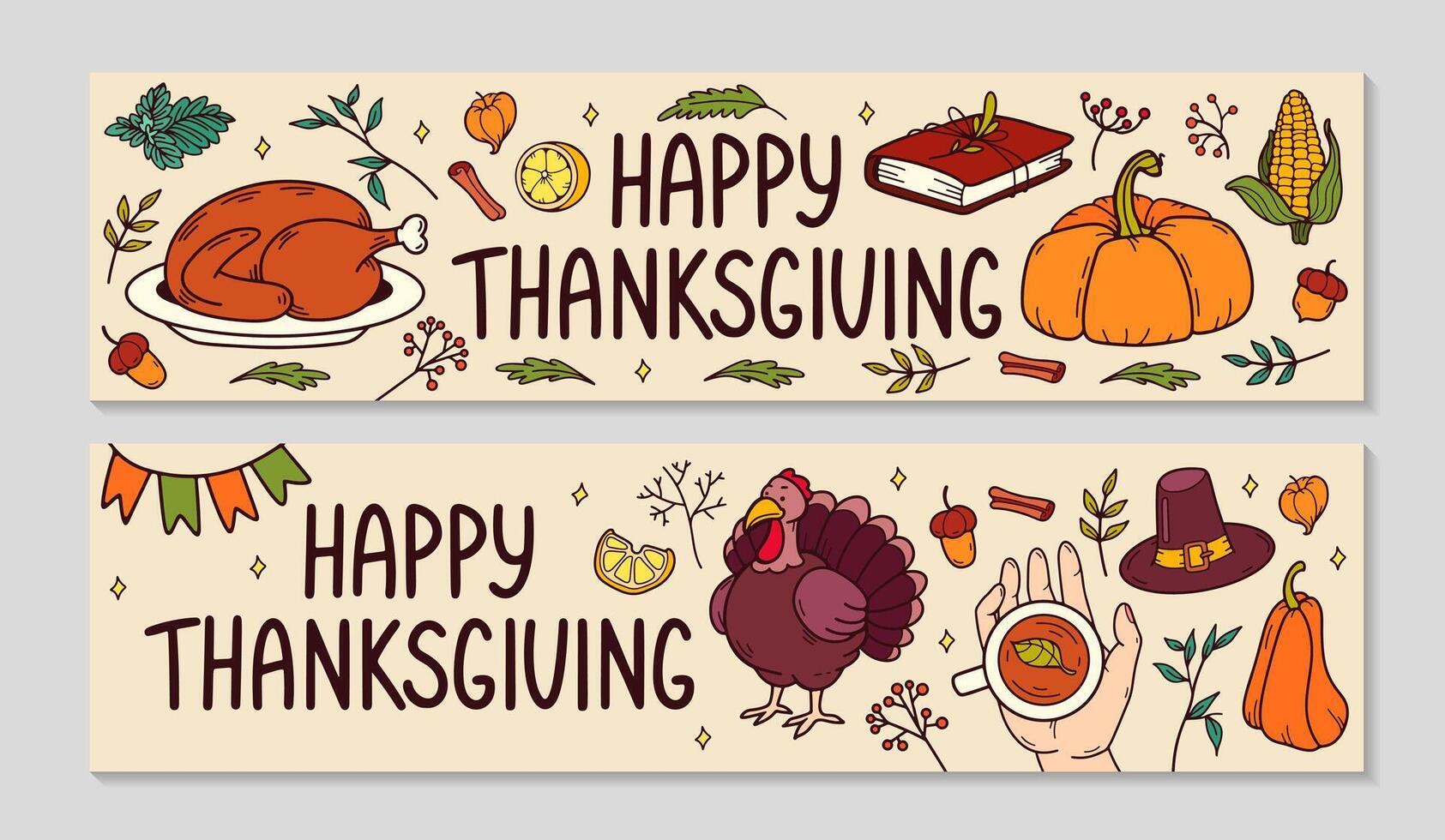Thanksgiving Billboard set. Horizontal invitation background. Cozy Autumn doodle elements Turkey, pumpkin, flags, leaves, hat, acorns. Fall season banners template. color illustration. vector