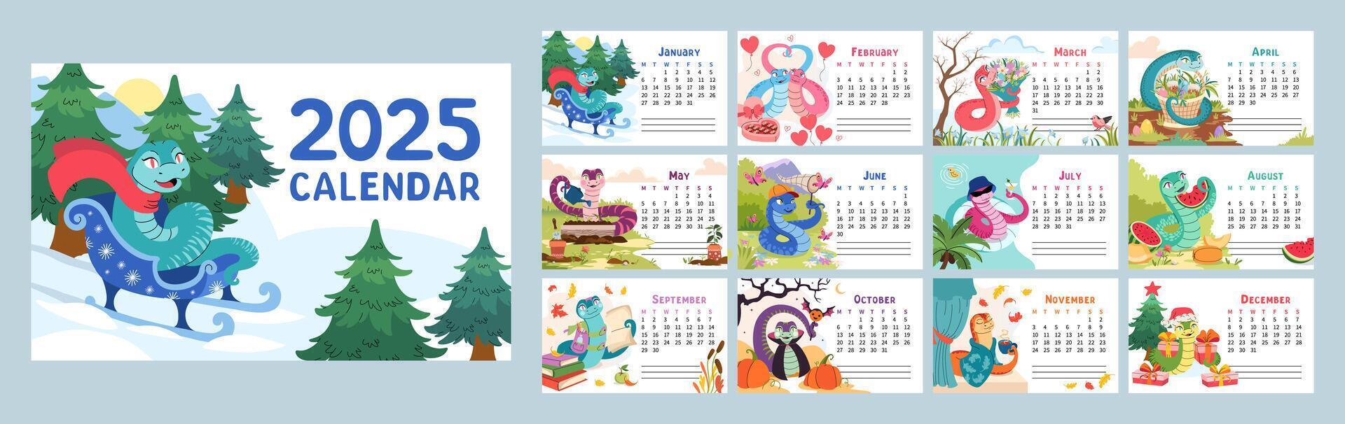 2025 calendar with cute snake illustrations for each month. 12 horizontal pages with Chinese New Year symbol. Colorful and playful snake characters representing different seasons and holidays. vector