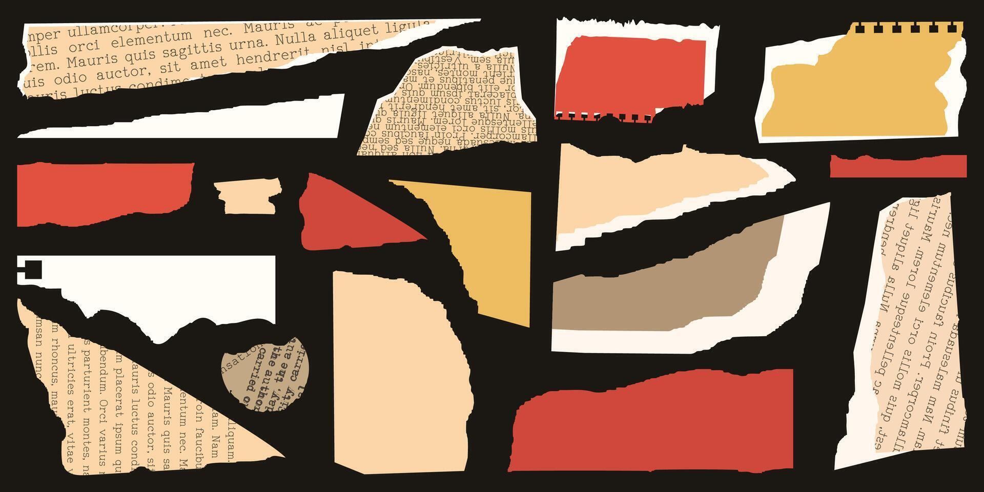 Collage Set elements for scrapbook. Trendy retro vintage paper cut, notebook sheet. Old rip torn paper collection. Craft retro gazettes, grunge papers collection. Isolated illustration vector