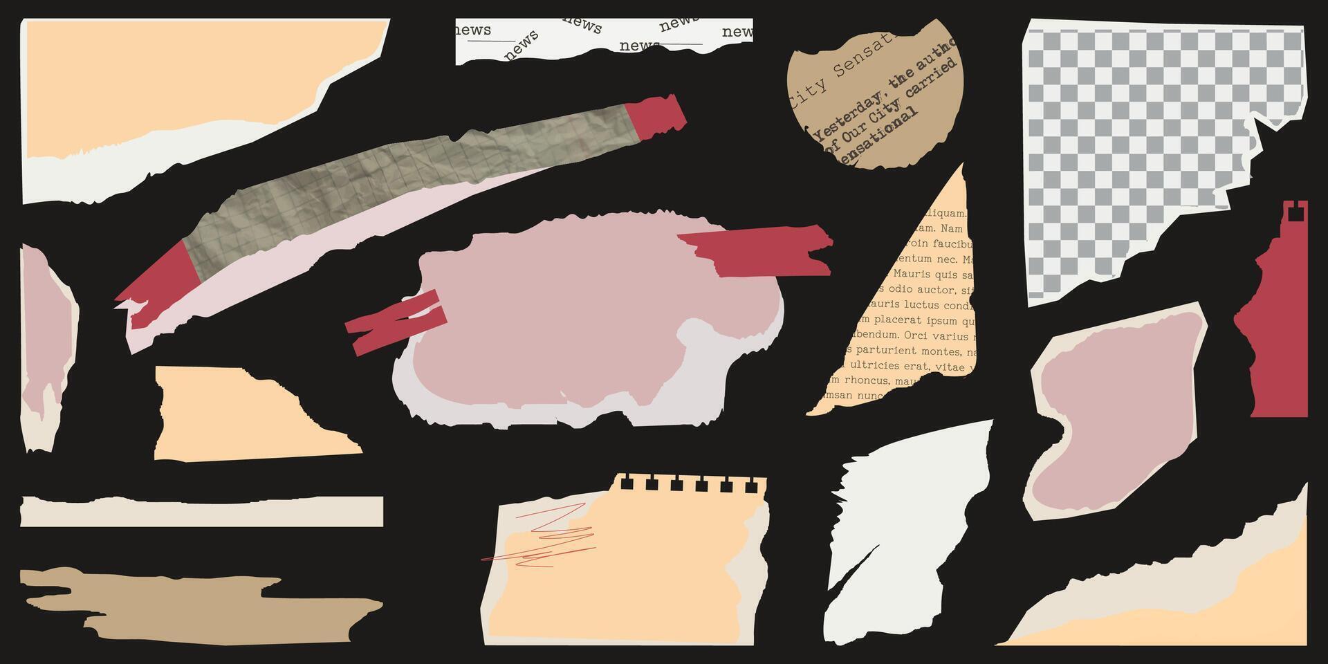 Collage Set elements for scrapbook. Trendy retro vintage paper cut, newspaper, notebook sheet. Old rip torn paper collection. Craft retro gazettes, grunge papers collection. illustration vector