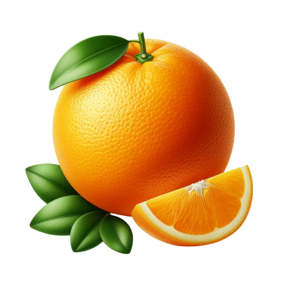 Orange with leaves and a slice png