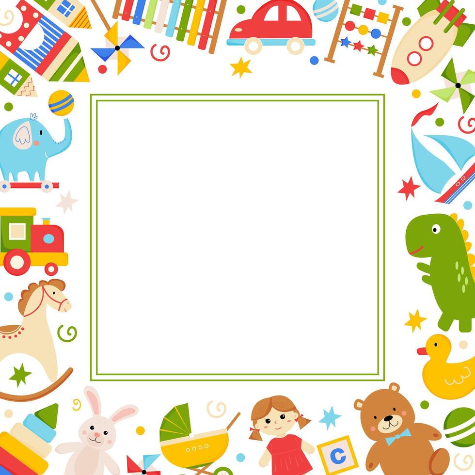 Template design with childish elements. Kids toys square frame. Kids frame with cartoon toys. Frame of toy for Advertising poster, flyer, promo for shop, store, school, preschool. vector