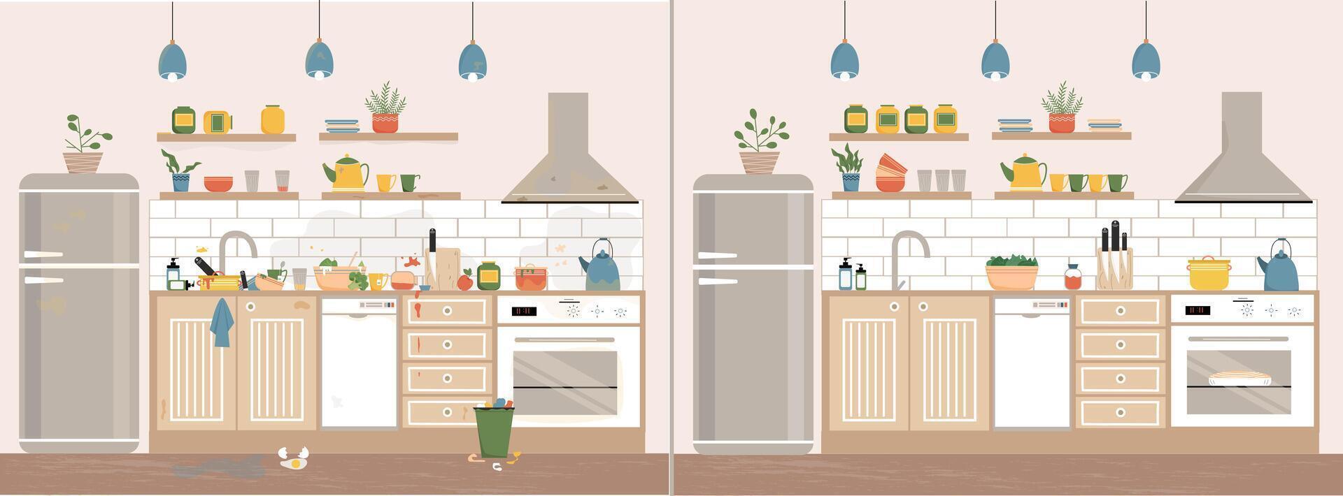 Clean and dearty kitchen. Kitchen before and after cleaning. Kitchen before and after cooking. Cleaning service. V vector
