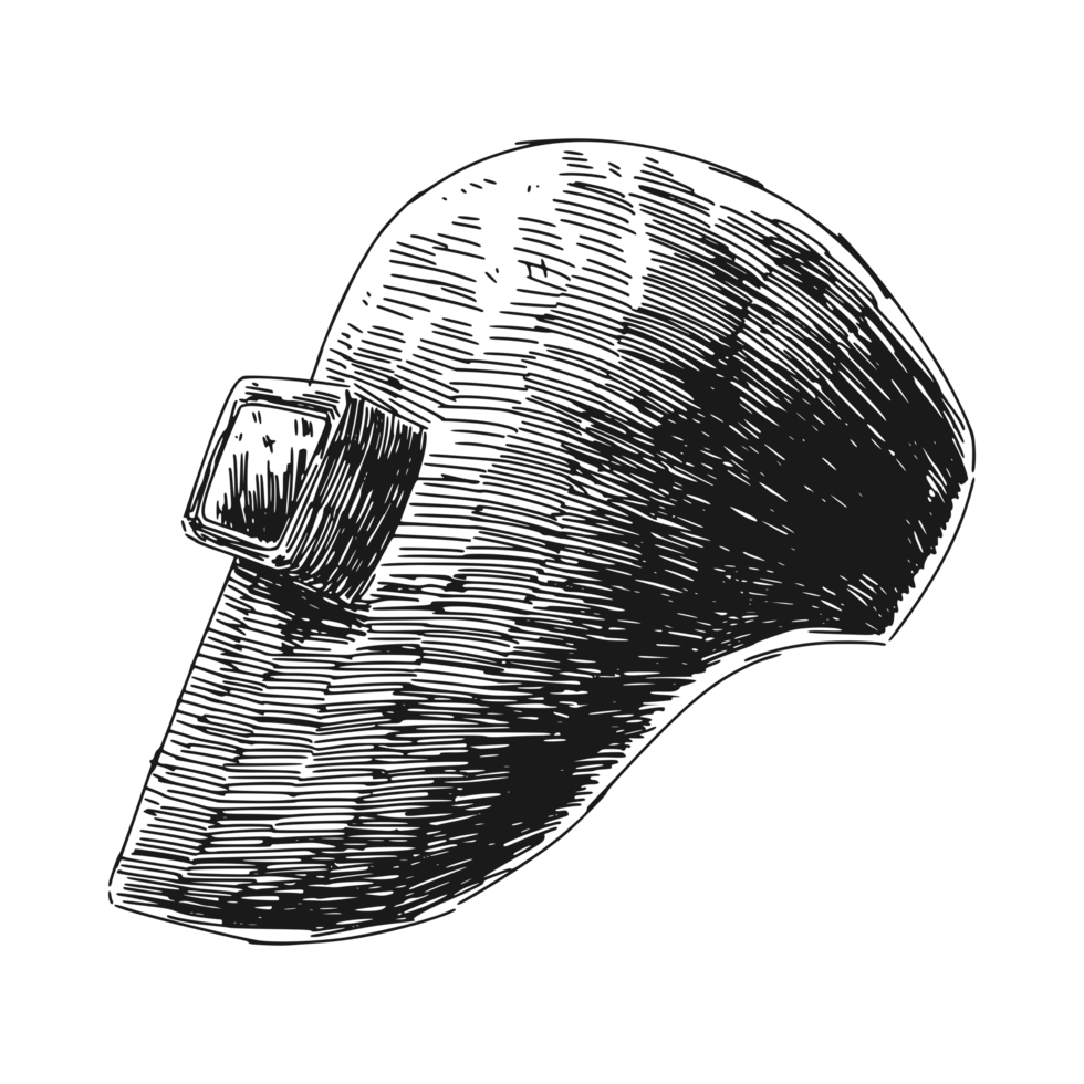 sketch hand drawing of welding mask. Transparent background. Etching scribble engraving illustration. png