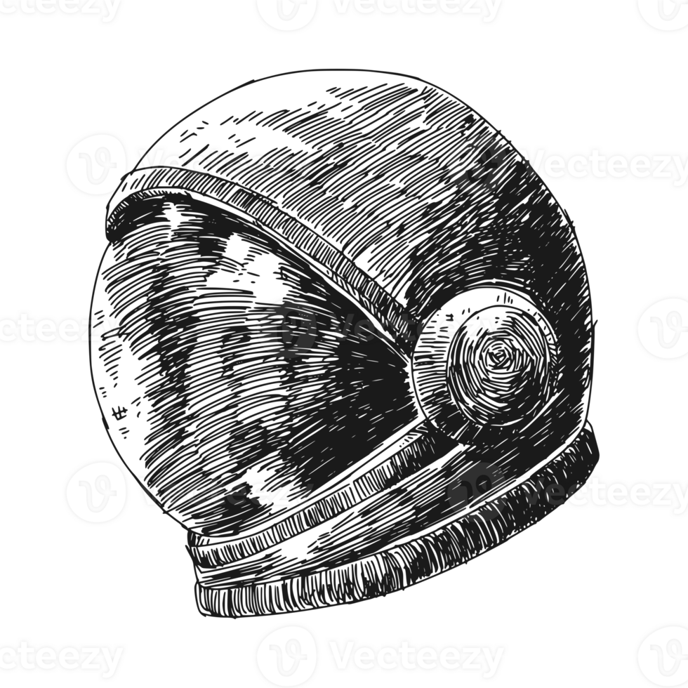 sketch hand drawing of astronaut helmet. Transparent background. Etching scribble engraving illustration. png