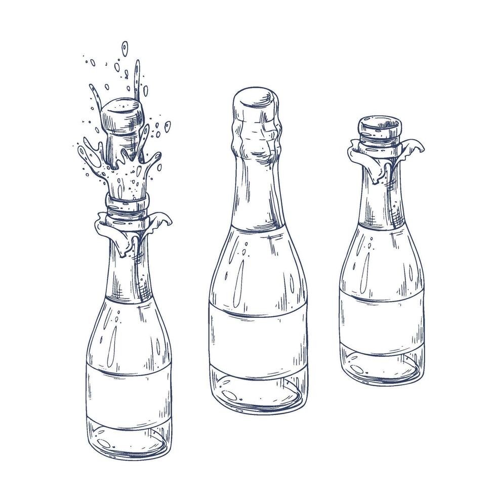 Green glass bottles with champagne, with a blank white label, open, closed and with a flying cork and splashes. Graphic illustration hand drawn in black ink. Set of isolated objects EPS . vector
