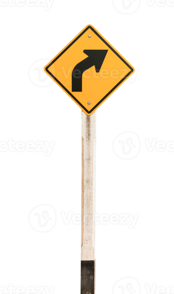 right curve yellow road sign isolated on transparent background, File. png