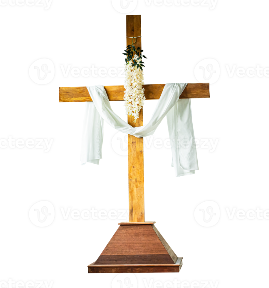 wooden crucifix wrapped in fabric isolated on transparent background. png