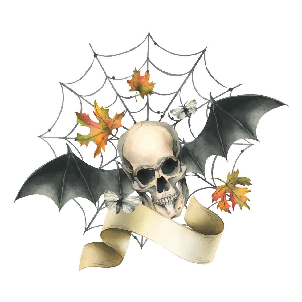 Human skull with bat wings, moth, paper scroll, witch hat, cobweb and autumn maple leaves. Hand drawn watercolor illustration for Halloween. Isolated composition on a white background. vector