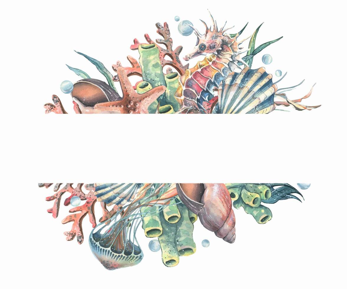 Seahorse, jellyfish, seashell, coral, starfish, sea sponge, algae, pebbles and bubbles. Hand drawn watercolor illustration of sea animals and the underwater. Template, frame rectangular, horizontal vector