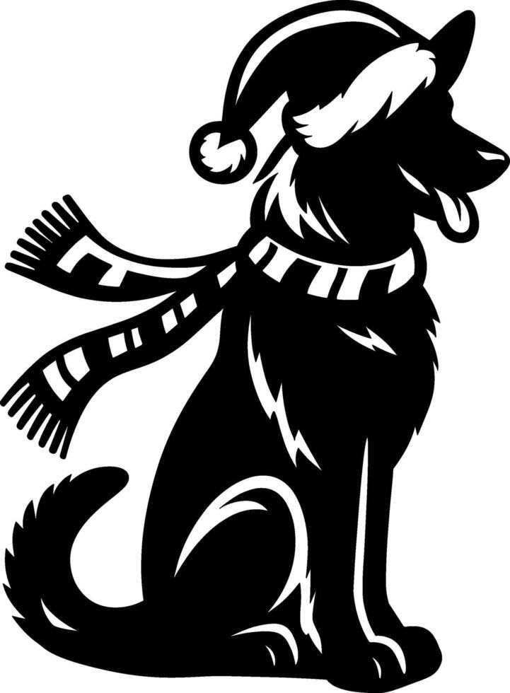 A black and white dog wearing a santa hat and scarf vector