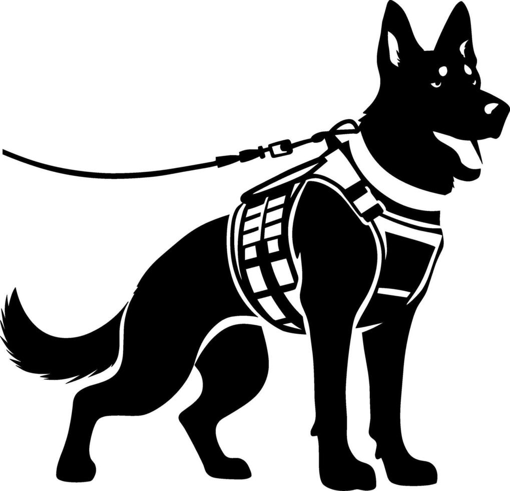 A black and white silhouette of a dog wearing a harness vector