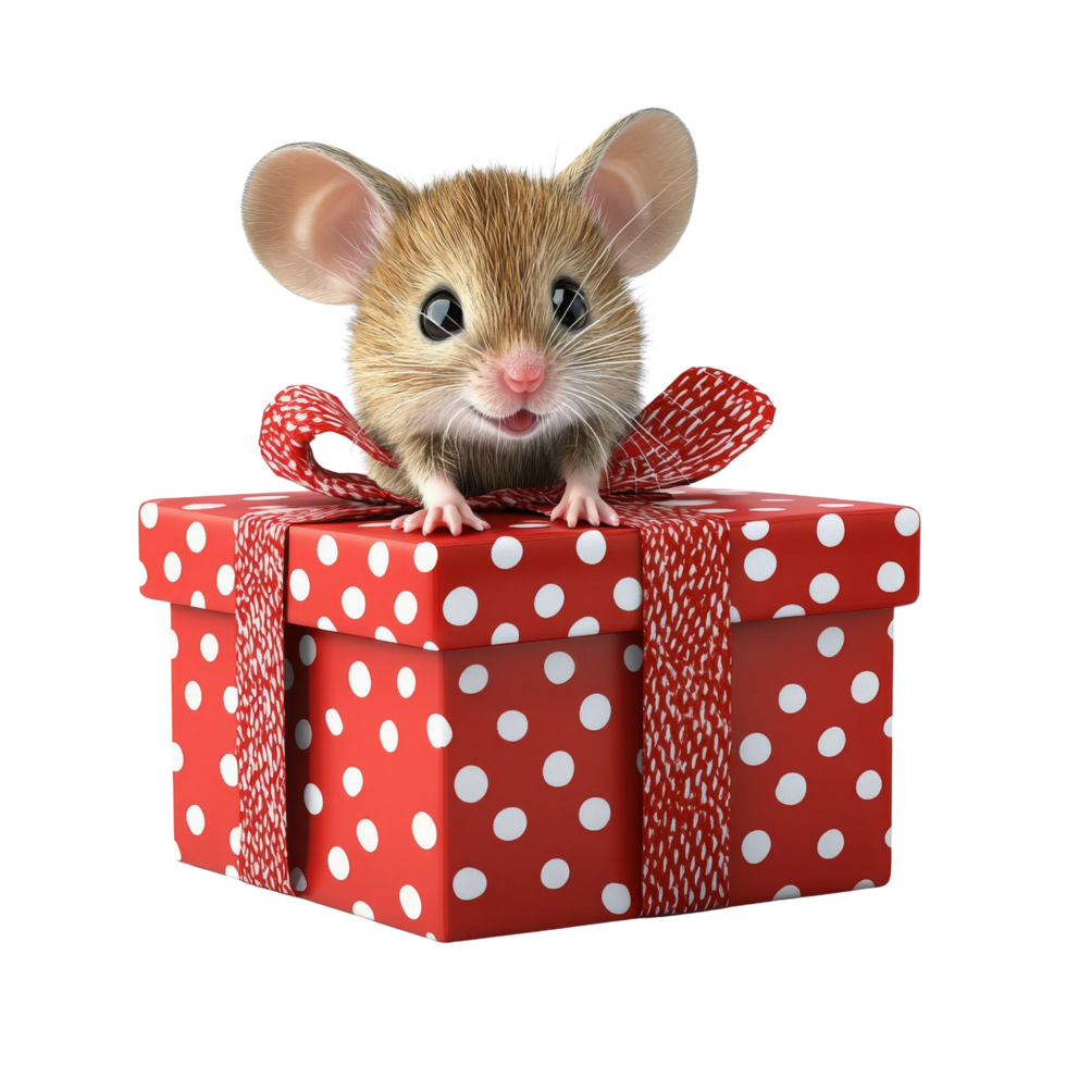 Cute mouse sitting on a red polka dot gift box. png