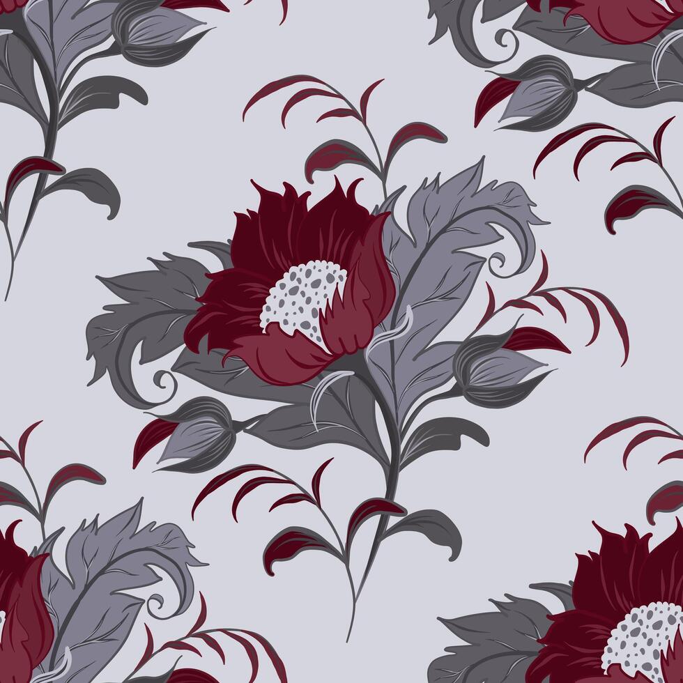 Seamless pattern with red rose, buds and gray leaves. Folk illustration with flowers. Boutonniere of rose flowers. Beautiful Bouquet of elegant flowers. vector