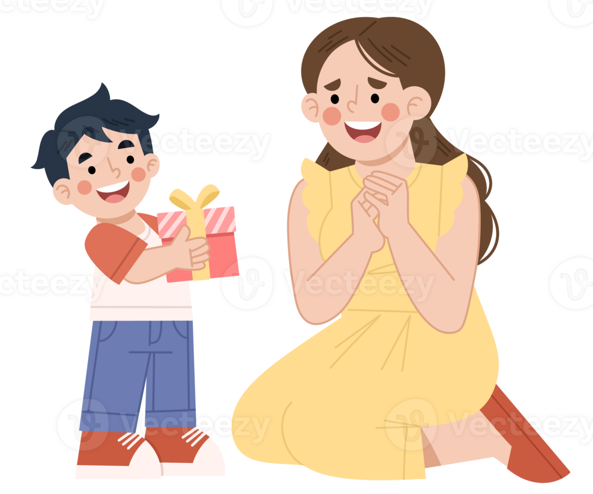 Illustration of a boy giving a gift to his mother png
