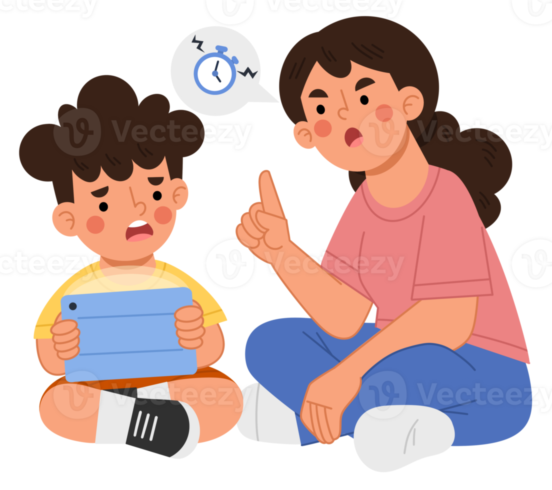 Illustration of mother scolding son playing gadget png
