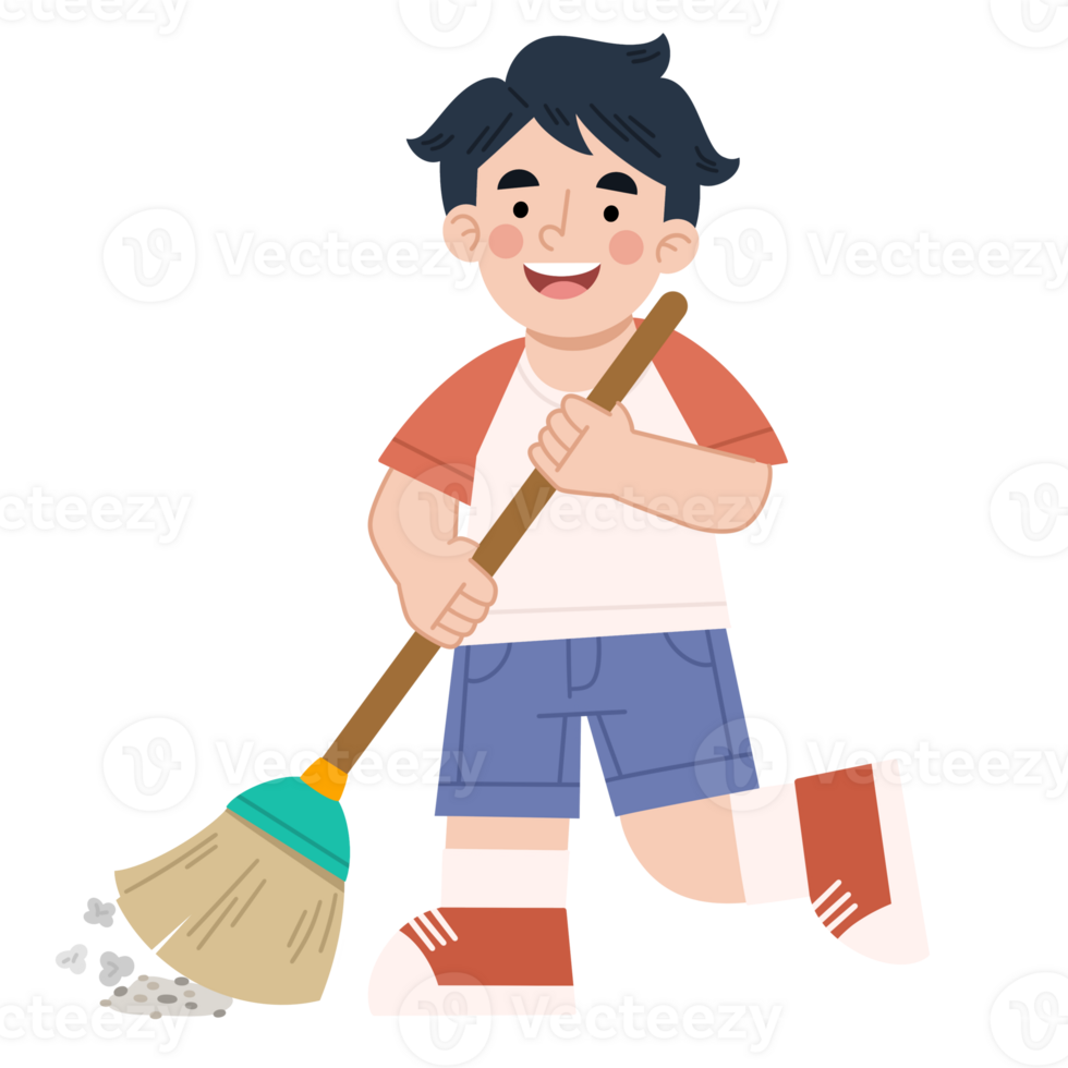 Illustration of a little boy sweeping the floor png